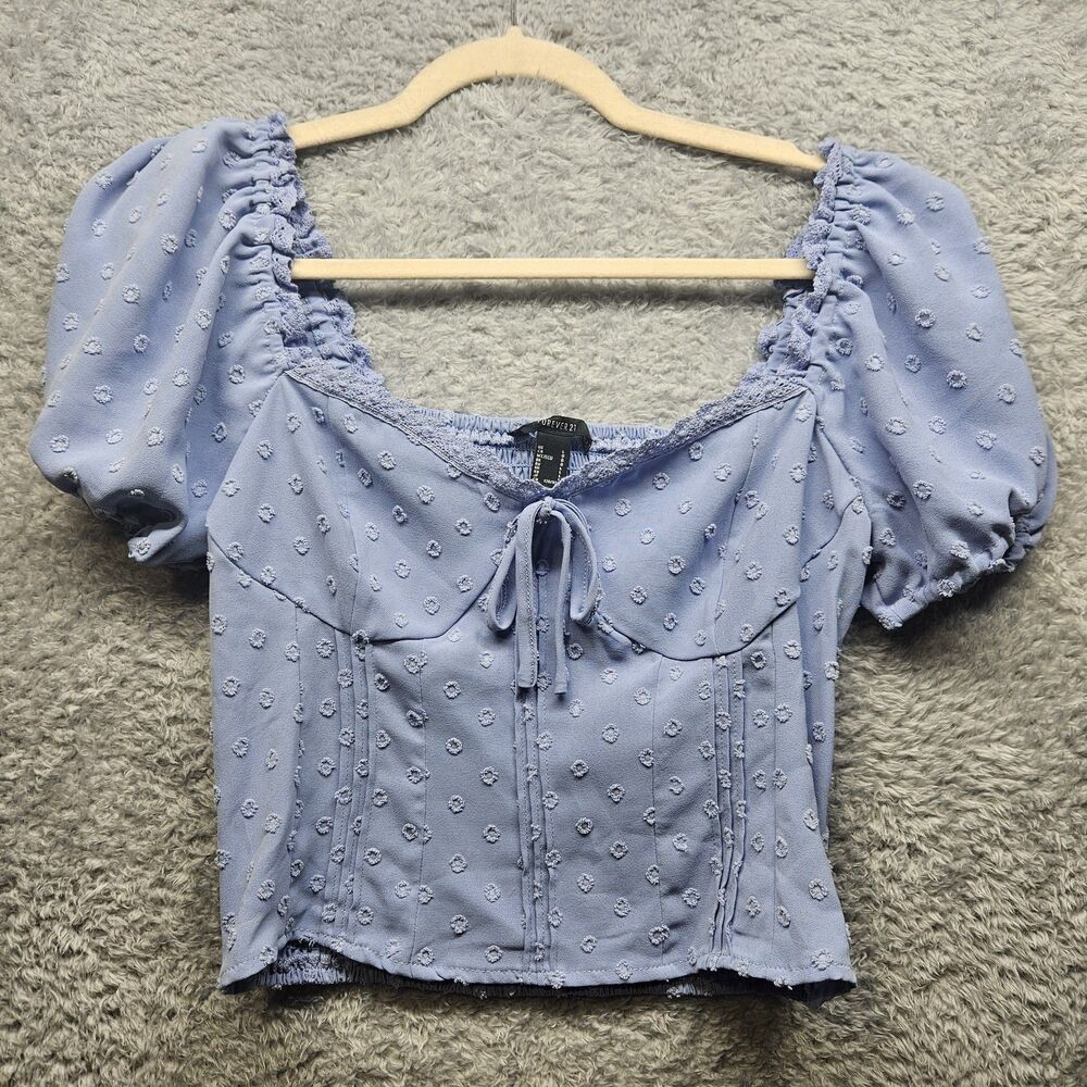 Forever 21 Womens Blue Milkmaid Blouse Size Large Coquette Puff Sleeve